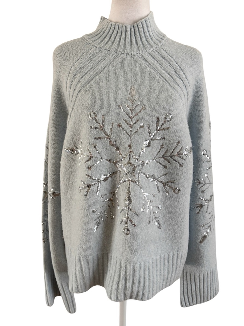 cupcakes & cashmere Light blue Sequin Snowflake Mock Neck Sweater XL